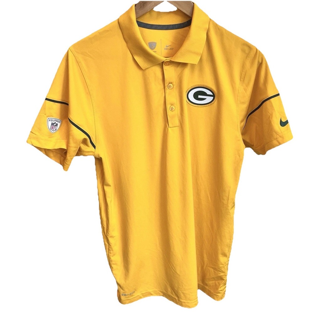 NIKE Training Dri-Fit Performance Green Bay Packers Yellow Polo Shirt Mens Small